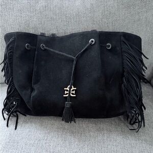 Sam Edelman Black Suede Fringe Leather Tote Bucket Bag w/ Drawstring ships free